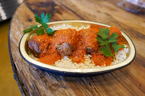 Chicken and Chorizo Meat Balls over Saffron Rice