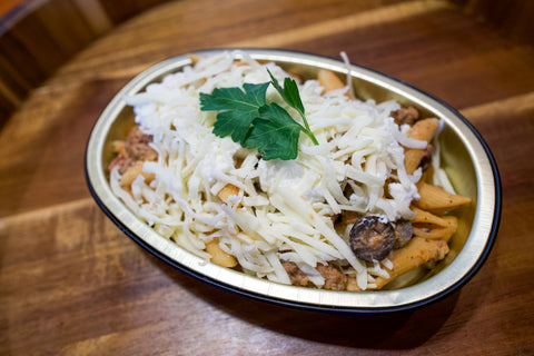 Baked Penne with Italian Sausage, Mushrooms, Black Olives, Marinara