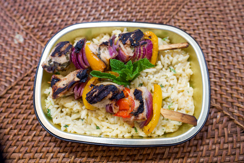 Chicken Skewers over Orzo Pasta