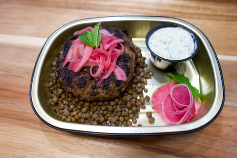 Lamb Burger with Pickled Red Onions, Tzatziki