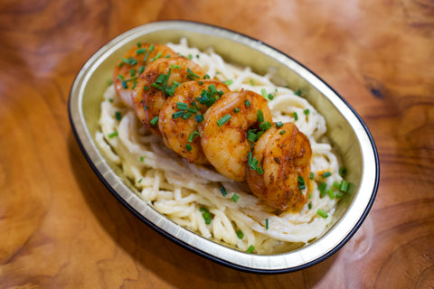 Blackened Shrimp over Spaghetti Alfredo
