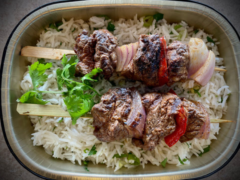 Beef Kebobs over Herbed Rice