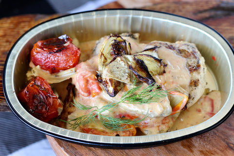 Grilled Chicken with Roasted Artichokes and Blistered Tomatoes