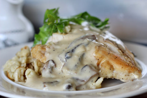 Sautéed Chicken Breast with Portobello Mushroom, Brandy Cream Sauce over Spaetzle