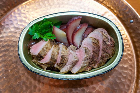 Grilled Pork Tenderloin, Poached Pears, Port Wine Reduction Sauce