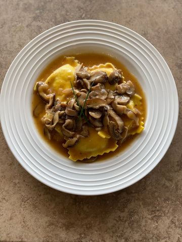 Cheese Ravioli with Wild Mushroom & Wine Sauce